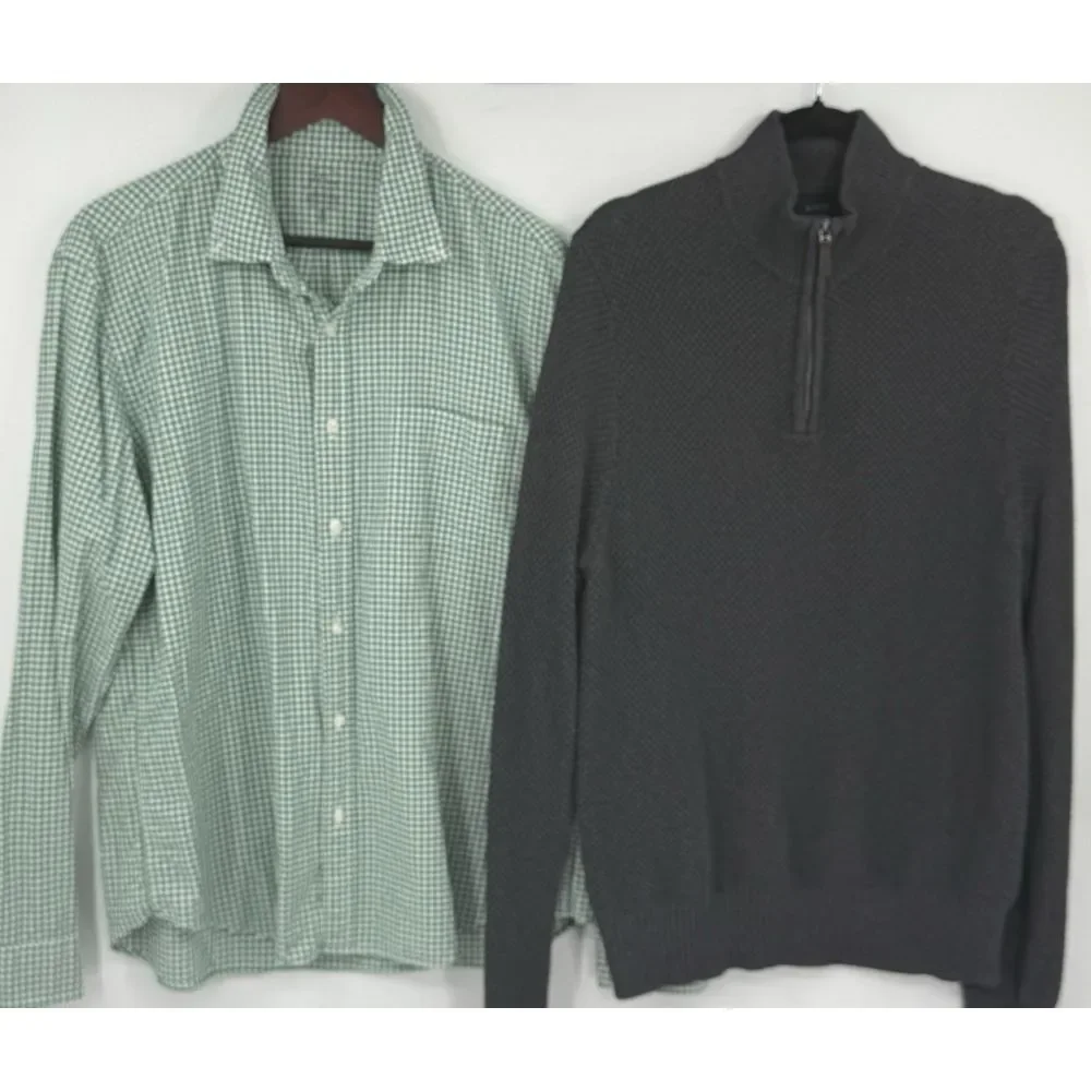 J Crew‎ Qtr Zip Charcoal Grey Sweater & Green White Check Oxford Shirt XL Slim